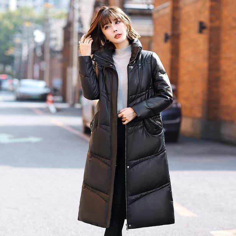冬海宁真皮皮衣羽绒服女士中长款立领时尚休闲绵羊皮外套拼接拉链