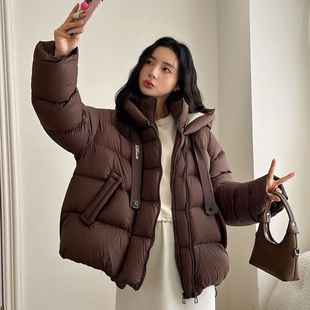 连帽泡芙立领短款羽绒服女2025年新款白鹅绒面包服冬季小个子外套