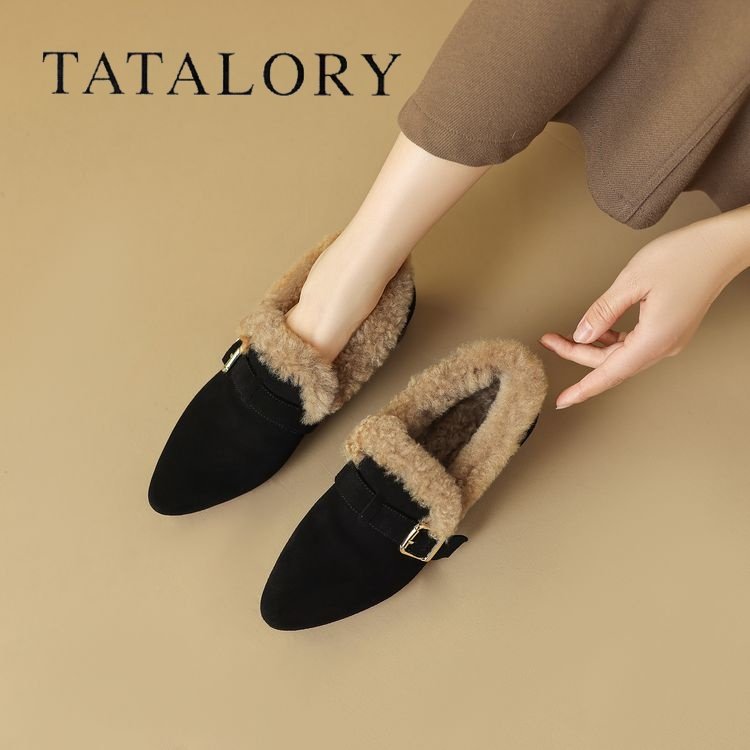 TATALORY女鞋冬季加绒保暖毛毛鞋女复古尖头一脚蹬豆豆鞋粗跟单鞋,女鞋,深口单鞋,淘宝优惠券,粉丝福利购,淘宝优惠卷
