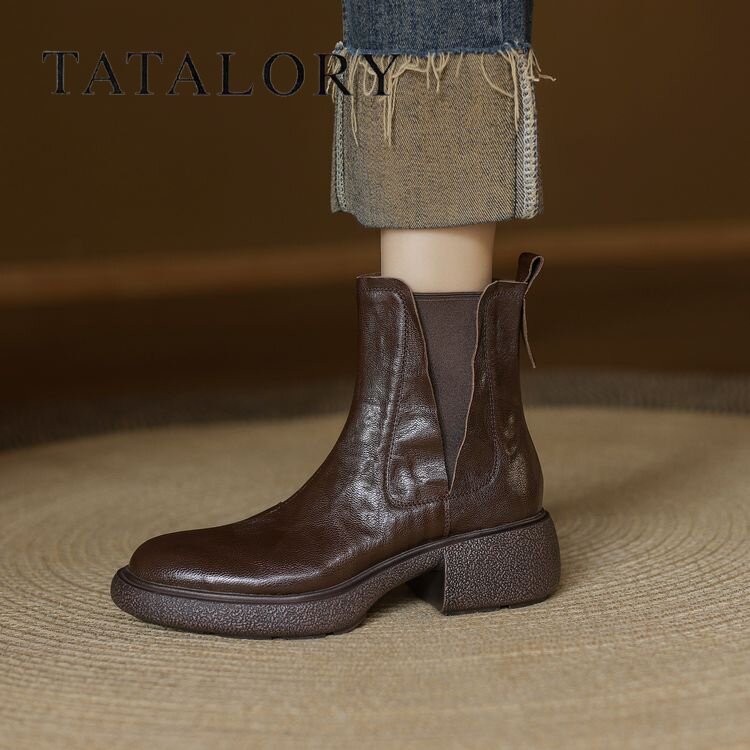 TATALORY女鞋厚底新款棕色切尔西靴女英伦风粗跟及裸马丁靴短靴子