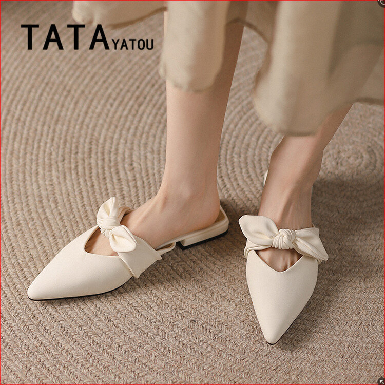 tata yatou他她丫头仙女风低跟包头凉拖鞋外穿蝴蝶结懒人穆勒鞋女