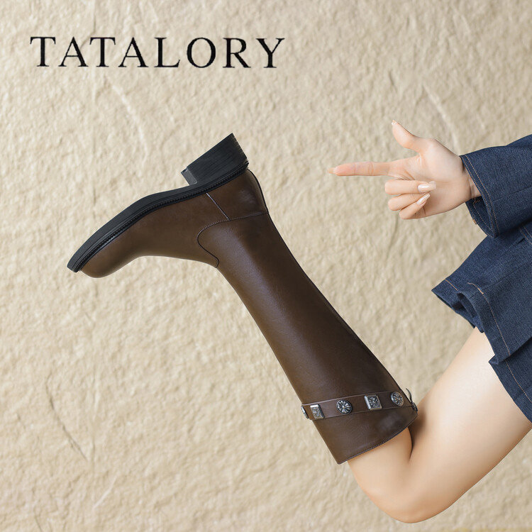 TATALORY靴子女2024新款爆款棕色长筒靴复古中跟粗跟骑士靴时装靴