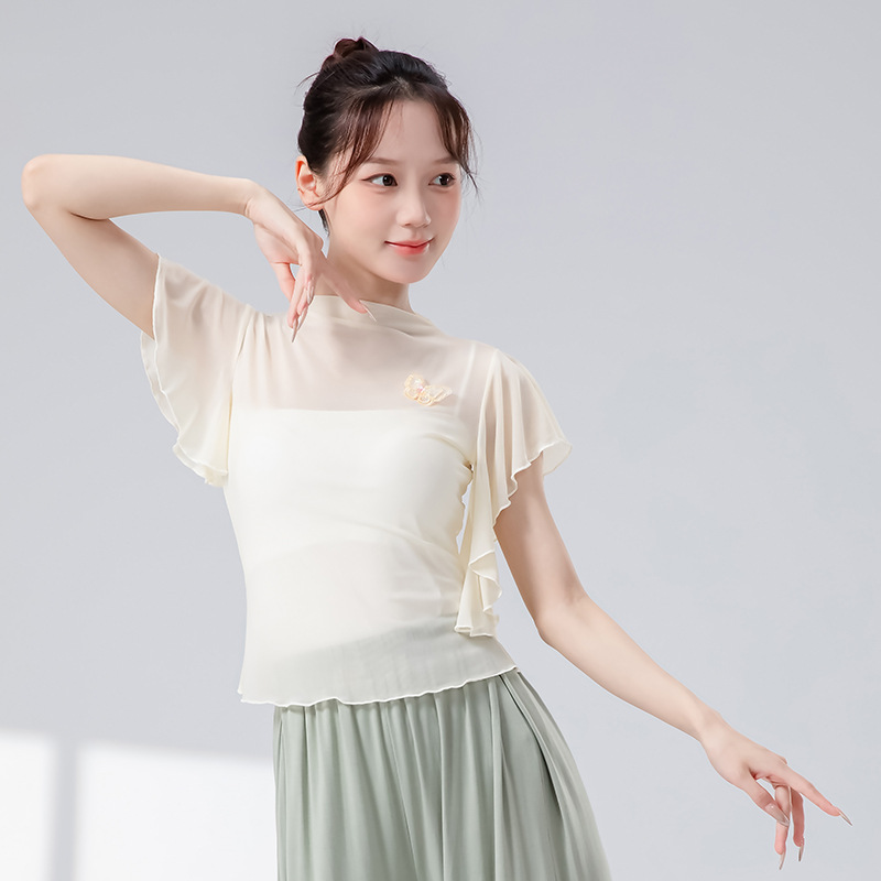 现代舞网纱小飞袖上衣