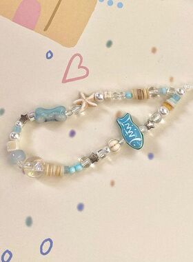 手机壳链清新小众串珠蓝色小鱼女挂绳相机风挂饰ins夏日手机链ccd