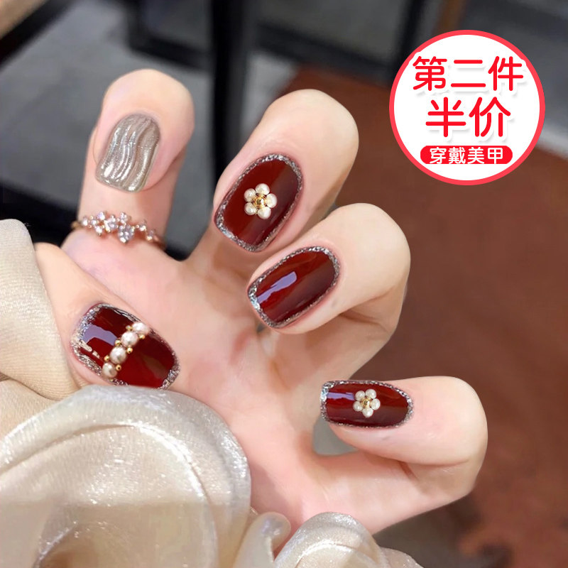 假指甲贴片可拆卸美甲成品穿戴甲红色小花甲片手工美甲显白短款女