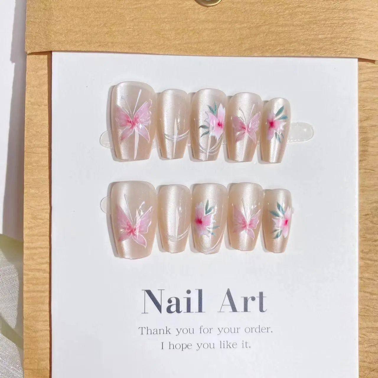 手工儿童美甲穿戴甲感中长款粉花蝴蝶猫眼假指甲贴2026年新款,彩妆/香水/美妆工具,美甲工具,淘宝优惠券,粉丝福利购,淘宝优惠卷