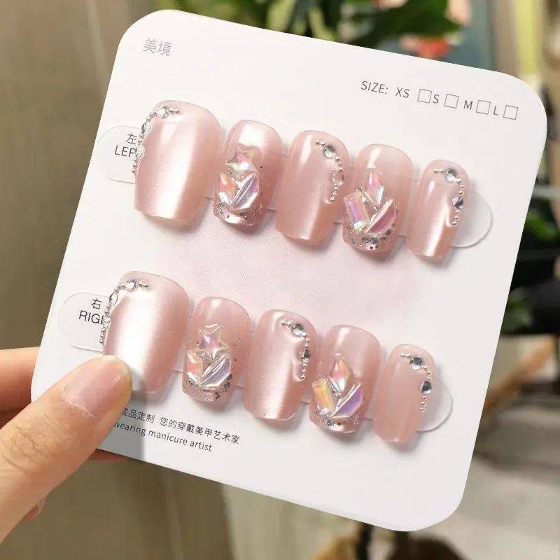 手工儿童美甲穿戴甲感短款琉珠情诗猫眼假指甲贴片2026年新款,彩妆/香水/美妆工具,美甲工具,淘宝优惠券,粉丝福利购,淘宝优惠卷