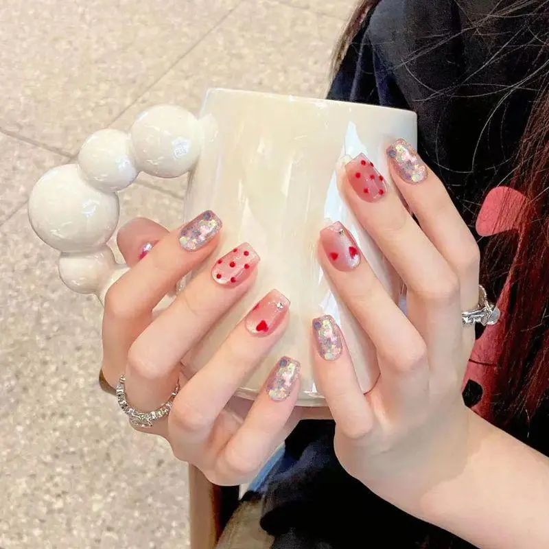 手工儿童美甲穿戴甲高级感短款闪粉爱心猫眼假指甲贴片2025年新款