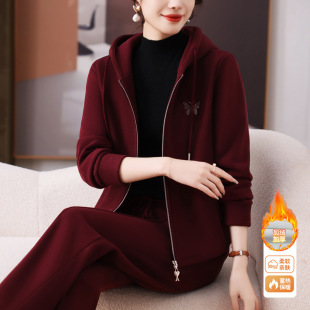 加绒加厚运动服套装女秋冬品牌高级感时尚减龄休闲卫衣连帽两件套