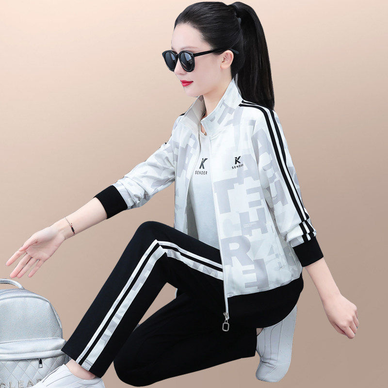 运动服套装女春秋2026新款时尚韩版女士洋气印花色休闲跑步三件套