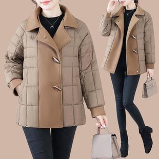 中年妈妈秋冬拼接毛呢外套中老年人冬季棉袄女款短款冬装羽绒棉服