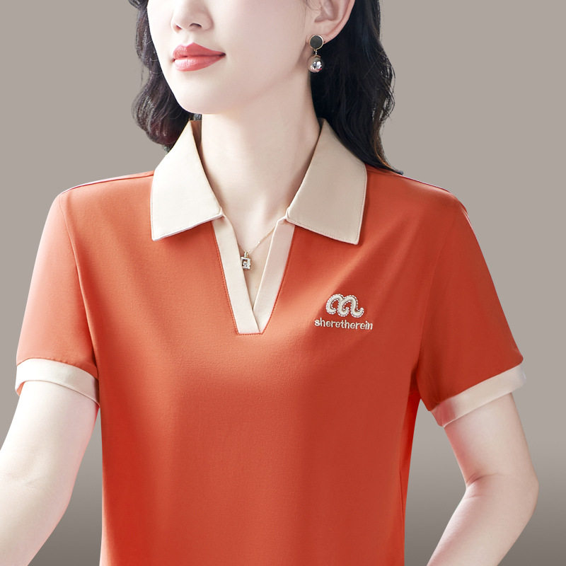 v领短袖t恤女夏季2025新款妈妈翻领短袖体恤衫大码夏装运动上衣服