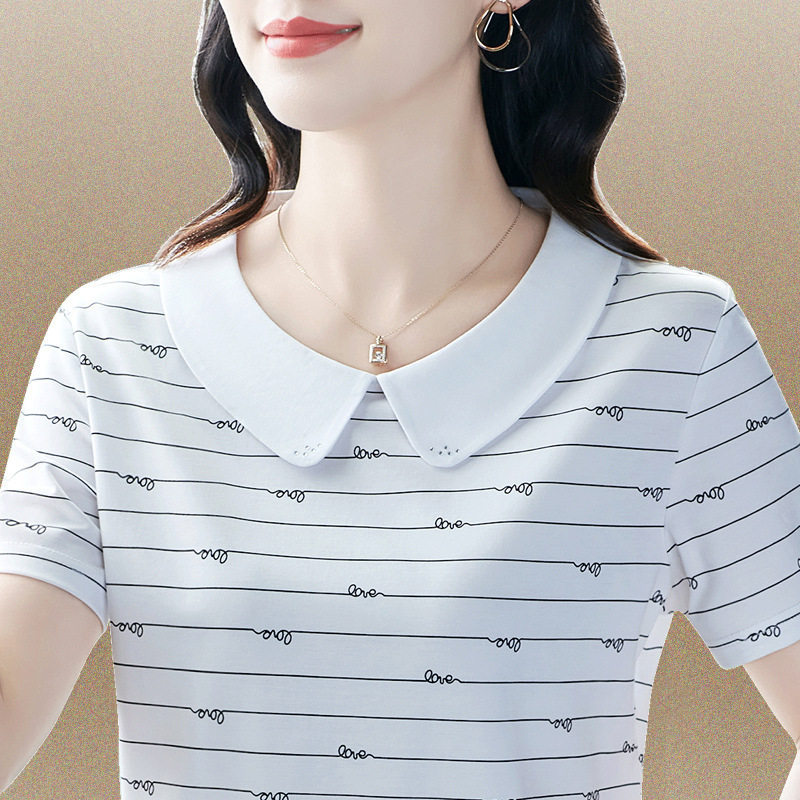 高级感冰丝短袖女夏2025新款妈妈翻领t恤休闲半袖洋气娃娃领上衣