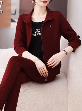 妈妈春装运动服套装时尚显瘦三件套2026新款中老年女士春秋款外套