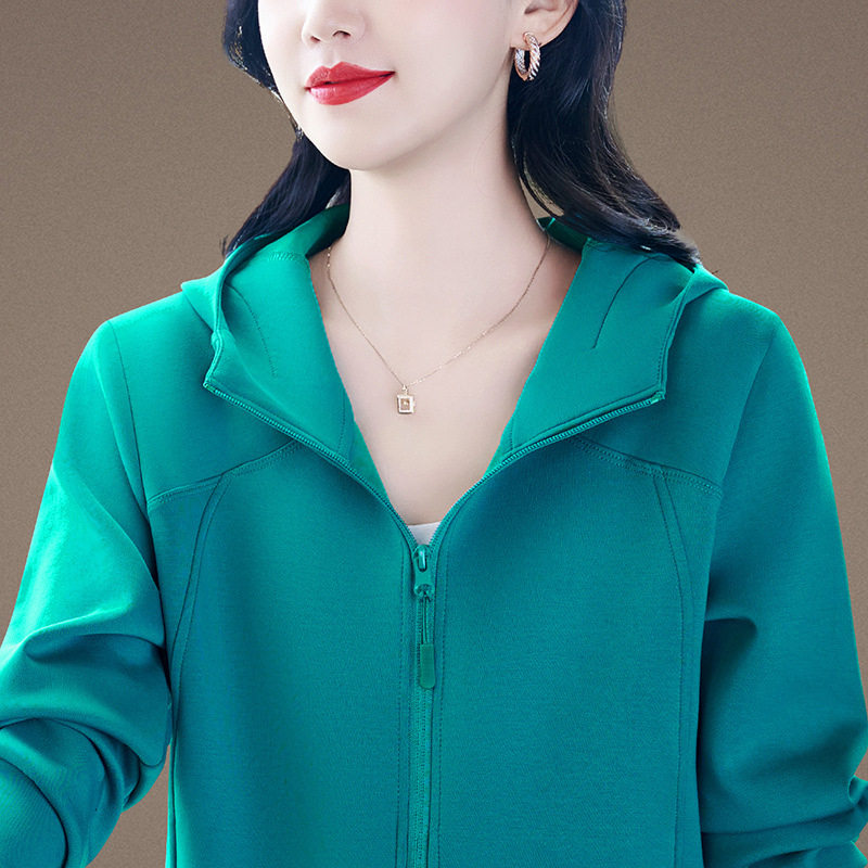 连帽外套女春秋时尚洋气妈妈纯色百搭休闲上衣宽松大码中老年卫衣