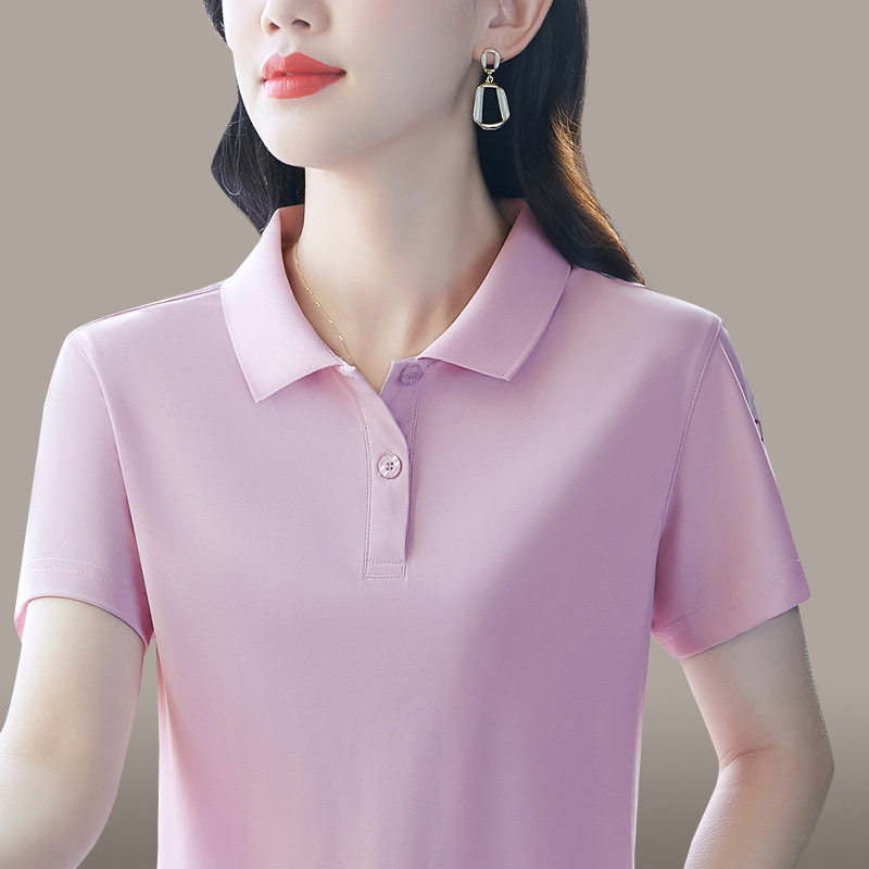 纯色短袖t恤女夏季薄款时尚休闲中年妇女冰丝半袖上衣百搭翻领衫