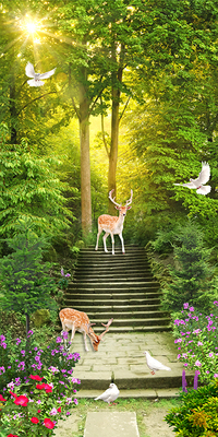 唯美简约绿色森林楼梯小鹿图片海报制作房间客厅装饰贴画挂画2