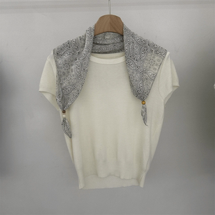 名媛风圆领针织短袖上衣T恤女洋气减龄显瘦冰丝针织上衣配丝巾潮