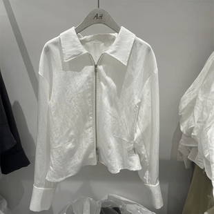 韩国女2026新款春装下摆褶皱设计感宽松高腰弧形拉链短款上衣衬衣