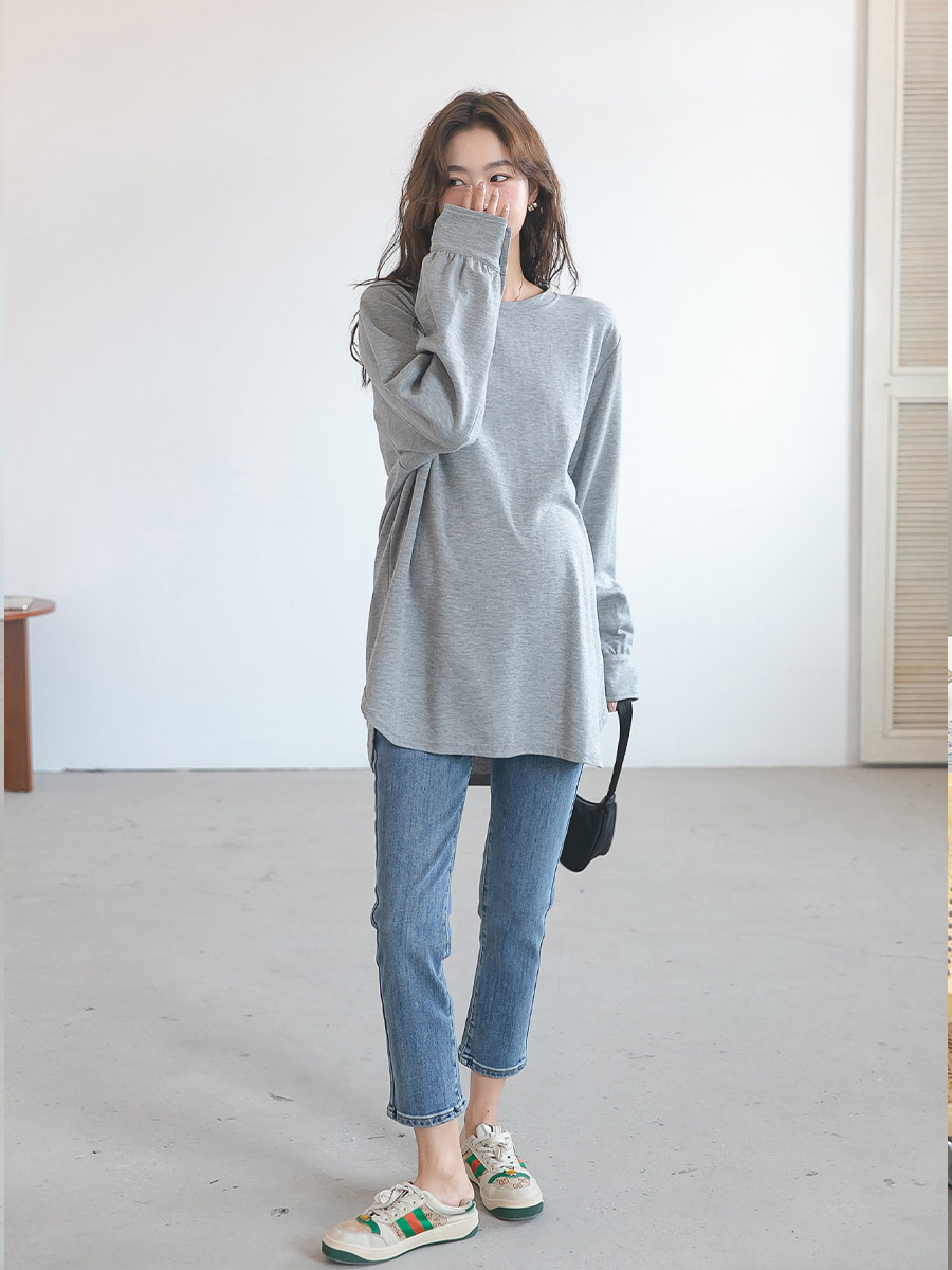 출산복 한국식 흰색 가벼운 판 티셔츠 초가을 운동복 봄과 가을 신상 중간 길이 외출 순면 바닥 셔츠