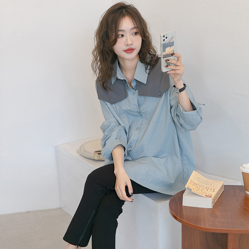 출산복 봄 가을 신작 패션 숄 긴팔 셔츠 유행 엄마 외출 전문 통근 셔츠 블루 탑
