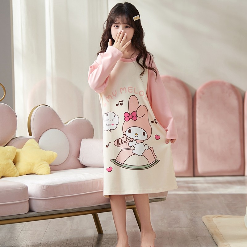 睡裙女大童可爱少女长袖纯棉睡衣春秋季妈妈同款大人家居服可外穿
