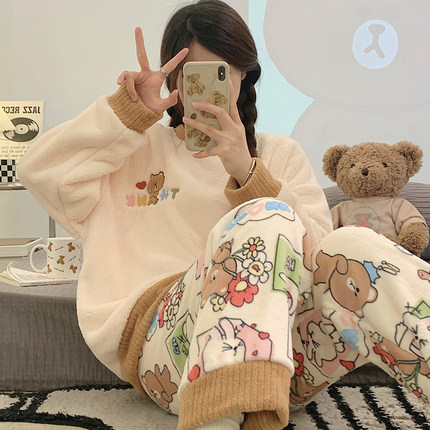 珊瑚绒睡衣女2024新款秋冬季可爱卡通少女学生法兰绒加绒加厚套装