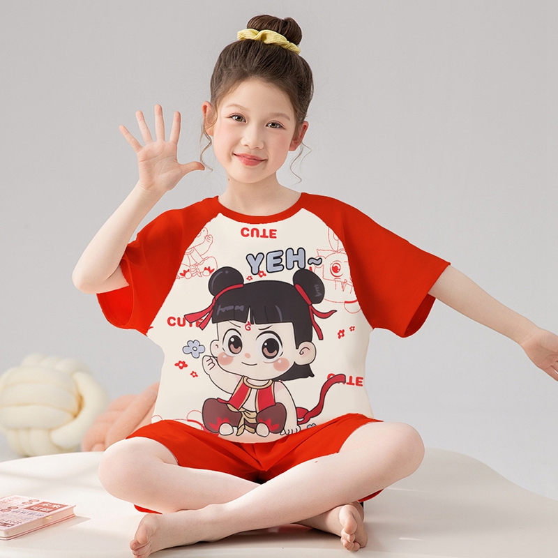 女童哪吒睡衣2025新款夏季纯棉短袖中大童儿童小女孩子家居服套装
