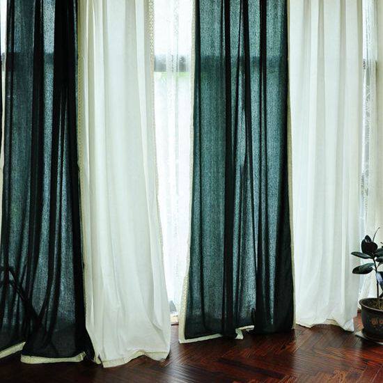 美式乡村双色棉麻麻白墨蓝绿地中海棉麻窗帘定制【芸素手作】