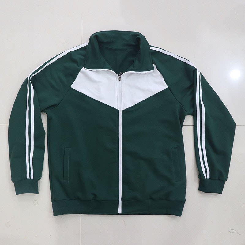 通州南关小学秋冬款中小学生纯棉校服上衣墨绿拼白色长袖运动班服