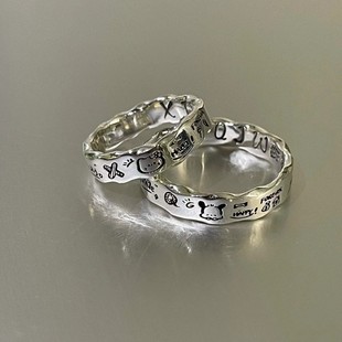 合金戒指 kt猫帕恰狗涂鸦戒指 小众设计可爱卡通波浪边对戒情侣款