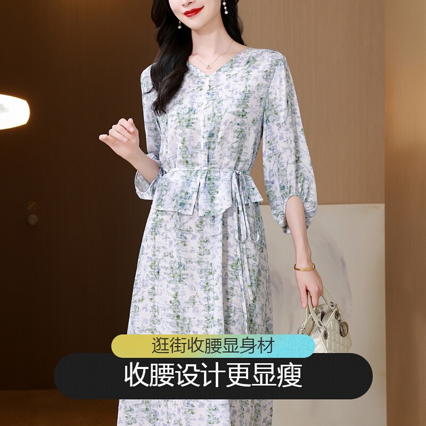 真丝碎花五分袖收腰显瘦连衣裙