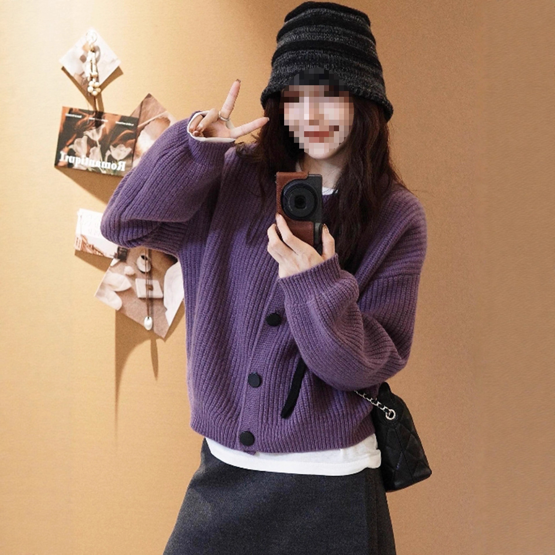 秋季紫色圆领针织开衫女2025新款爆款秋冬款宽松短款毛衣外套上衣