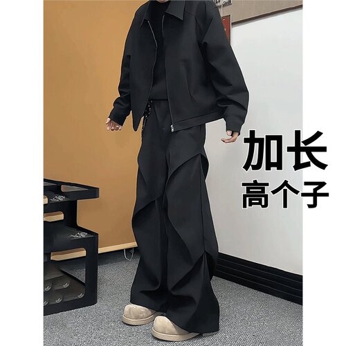 190高个子加长美式褶皱伞兵宽松休闲裤子男款春季微喇弯刀西裤185
