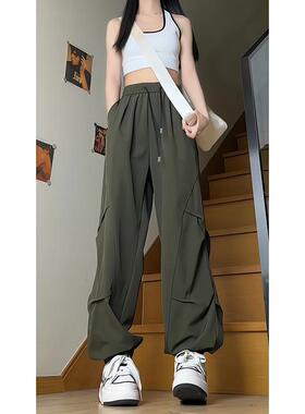 军绿色美式伞兵工装裤男款春季褶皱速干裤子垂感灯笼裤束脚运动裤