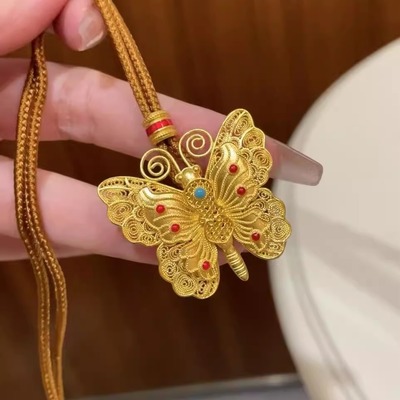 古法足金999花丝蝴蝶吊坠