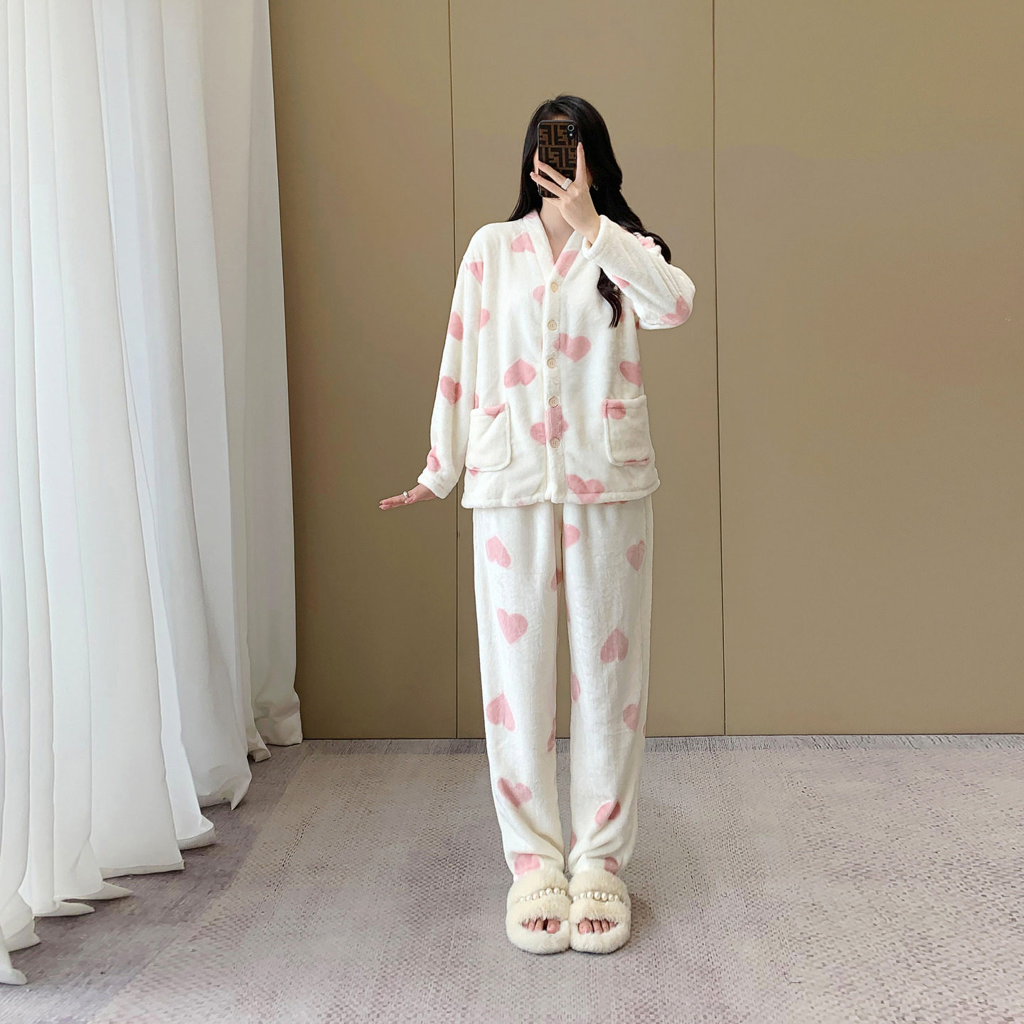 175高个子女睡衣睡裤套装米黄色爱心珊瑚绒家居服裤长110纽扣开衫