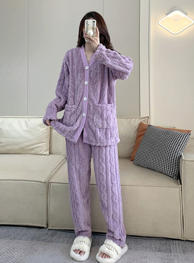 冬天胖高个子女生175加长加大睡衣套装紫色家居服加厚保暖法兰绒