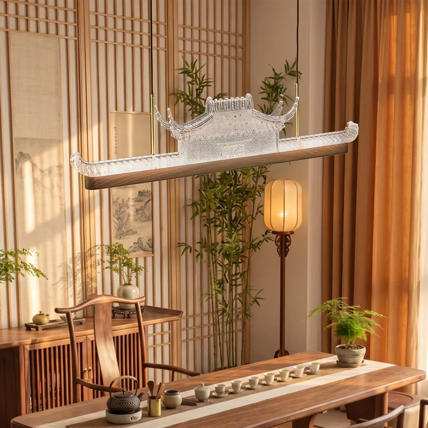 新中式胡桃木餐厅全光谱护眼吊灯