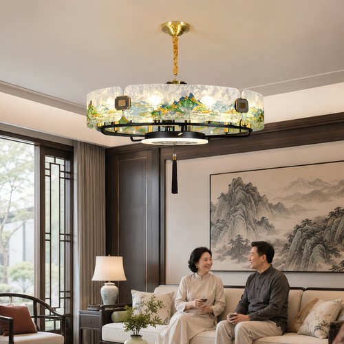 新中式全铜珐琅彩山水客厅吊灯