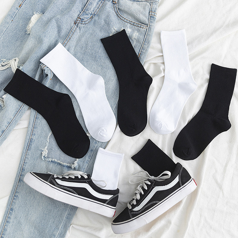 袜子男长袜黑色长筒纯棉底高帮ins潮透气吸汗防臭白色袜子女中筒