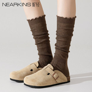 咖色堆堆袜子女春夏薄款 长筒袜 中筒袜显瘦花边jk小腿袜搭配勃肯鞋