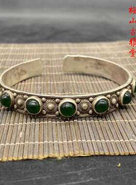 蛋面绿色包邮仿古手镯藏银