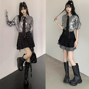 银色短袖收腰衬衣外套啦啦操表演服女团打歌现代舞练舞服套装夏季