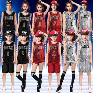 夏季儿童亮片爵士舞蹈服男女童街舞嘻哈篮球成人套装啦啦操演出服