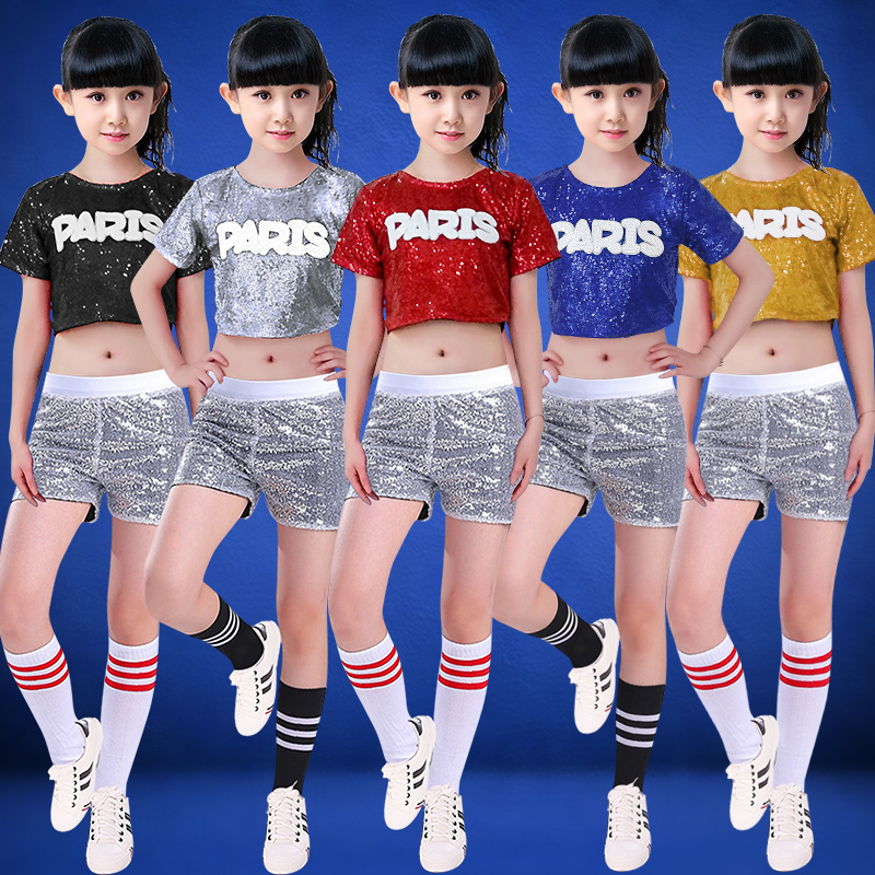 儿童啦啦队演出服亮片上衣现代爵士舞表演服装啦啦操舞台套装女