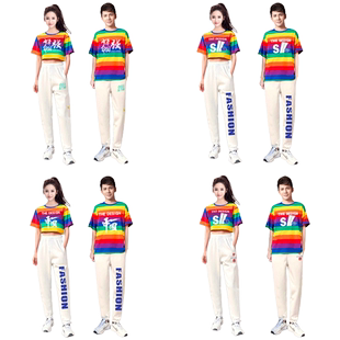 舞台跳舞表演服装韩舞女团彩虹t恤百褶裙套装女学生爵士舞演出服