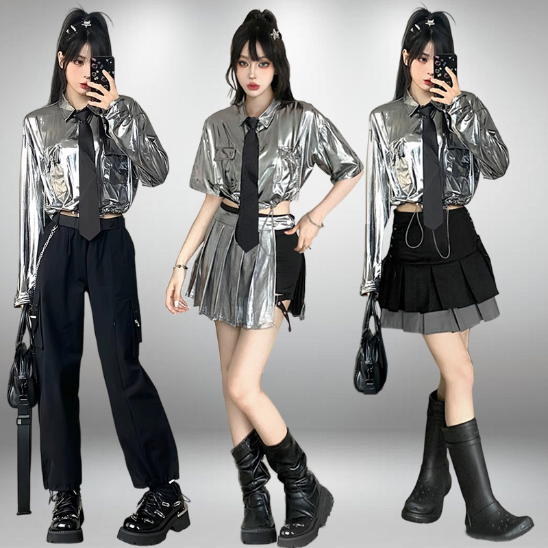 新款韩版女团风银色亮片演出服套装爵士舞蹈啦啦操舞台表演服帅气