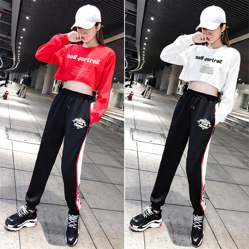 新款街舞运动爵士舞蹈套装女嘻哈风短款上衣长裤演出服宽松两件套