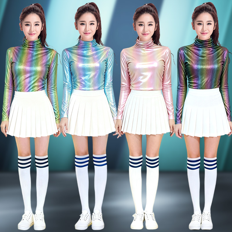 韩版女团风镭射亮面漆皮修身长袖高领上衣百褶裙套装爵士舞表演服
